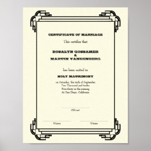 Deco frame keepsake wedding certificate vertical poster