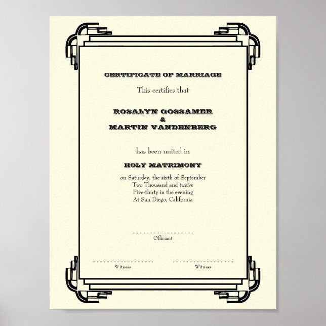 Deco frame keepsake wedding certificate vertical poster (Front)
