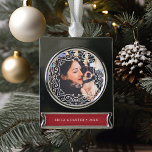 Deco Frame Photo Silver Plated Banner Ornament<br><div class="desc">Share a favourite photo on this chic and elegant ornament,  and add your custom caption and/or the year. Design features an ornate art deco style white border surrounding your photo,  with your text beneath in white on festive holiday red.</div>