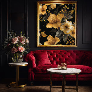 Deco Gold & Grey Floral Pattern Poster