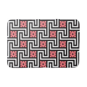 Deco Greek Key, Black, White and Coral Pink Bath Mat