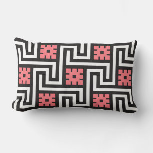 Deco Greek Key, Black, White and Coral Pink Lumbar Cushion