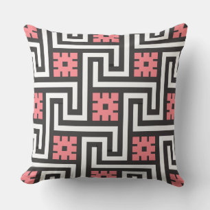Deco Greek Key, Black, White and Coral Pink Outdoor Cushion