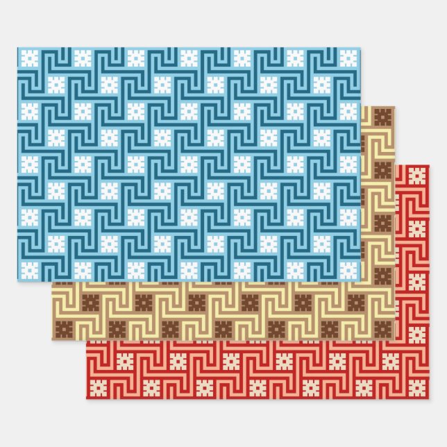 Deco Greek Key, Blue & White, Brown, Orange Wrapping Paper Sheet (Set)