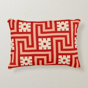 Deco Greek Key, Coral Orange and Beige Decorative Cushion