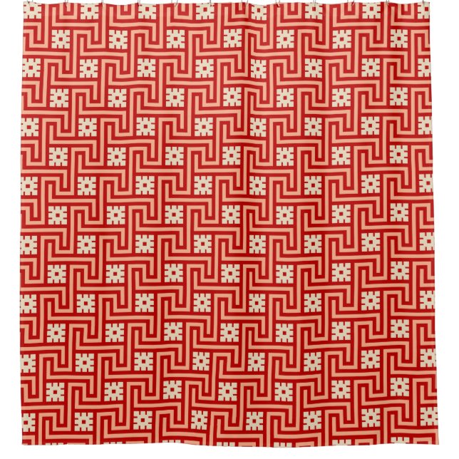 Deco Greek Key, Coral Orange and Beige Shower Curtain (Front)