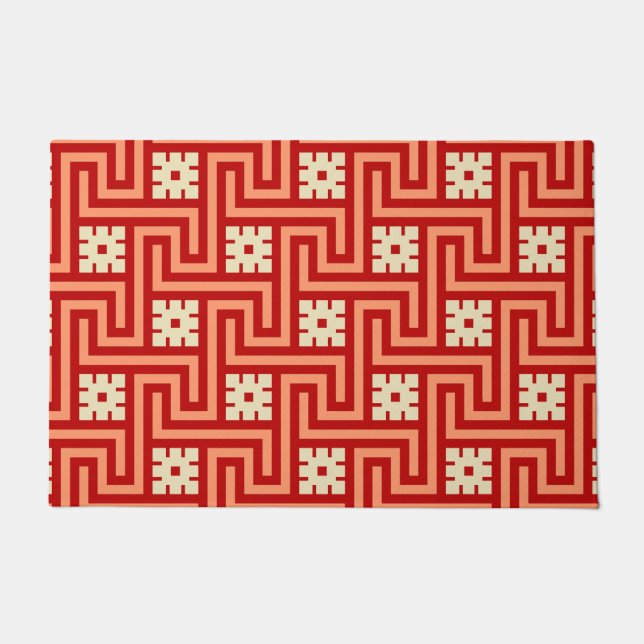 Deco Greek Key, Coral Orange and Cream Doormat (Front)