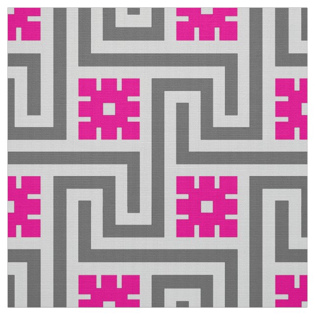 Deco Greek Key, Grey / Grey and Fuchsia Pink Fabric (Swatch)