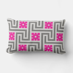 Deco Greek Key, Grey / Grey and Fuchsia Pink Lumbar Cushion