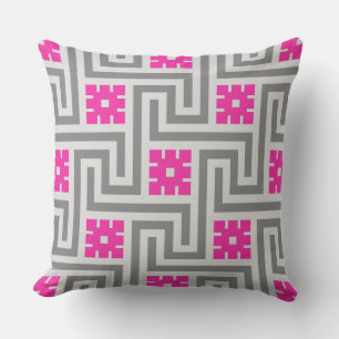 Deco Greek Key, Grey / Grey and Fuchsia Pink Outdoor Cushion