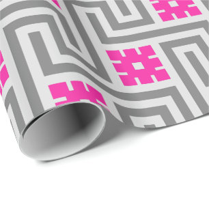 Deco Greek Key, Grey / Grey and Fuchsia Pink Wrapping Paper