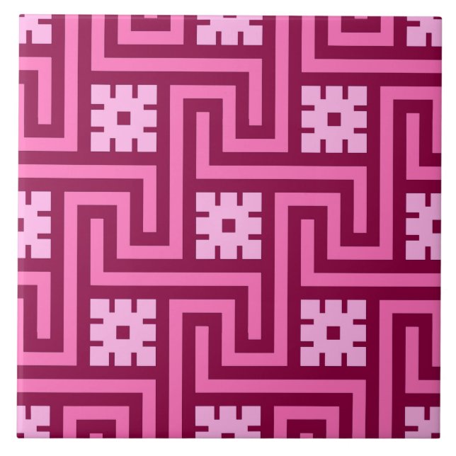 Deco Greek Key, Pink and Burgundy Tile (Front)