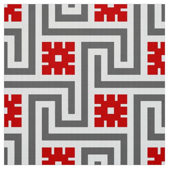 Deco Greek Key, Red, White and Grey / Grey Fabric (Swatch)