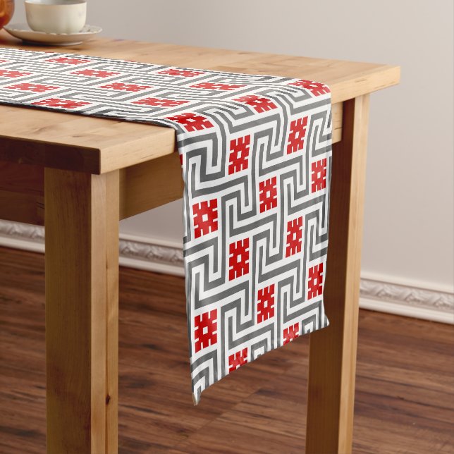 Deco Greek Key, Red, White and Grey / Grey Short Table Runner (In Situ)