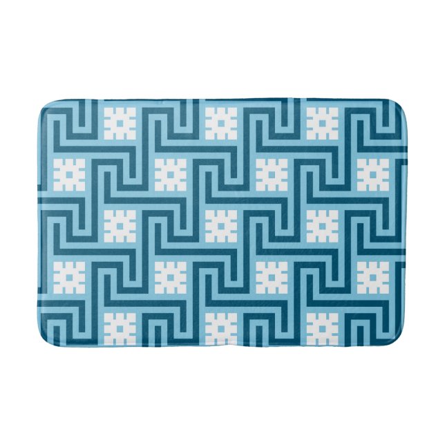 Deco Greek Key, Sky Blue and Navy Bath Mat (Front)