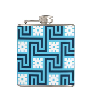 Deco Greek Key, Sky Blue and Navy Hip Flask