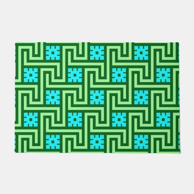 Deco Greek Key, Turquoise and Jade Green Doormat (Front)