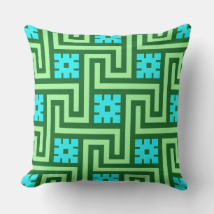 Deco Greek Key, Turquoise and Jade Green Outdoor Cushion