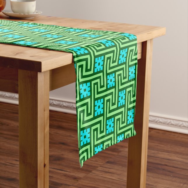 Deco Greek Key, Turquoise and Jade Green Short Table Runner (In Situ)