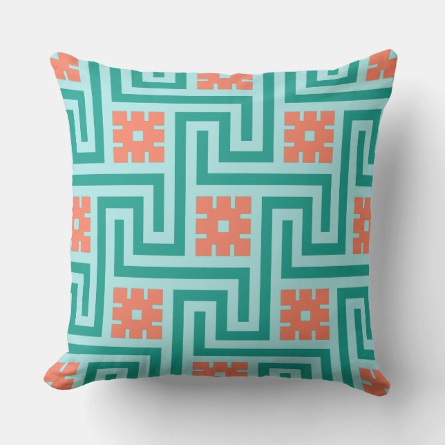 Deco Greek Key, Turquoise, Aqua and Coral Cushion (Front)