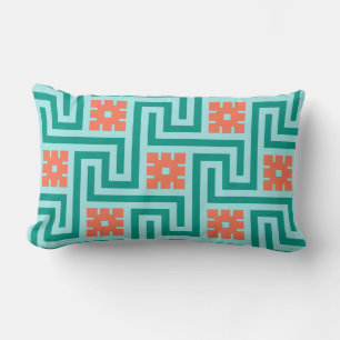 Deco Greek Key, Turquoise, Aqua and Coral Lumbar Cushion