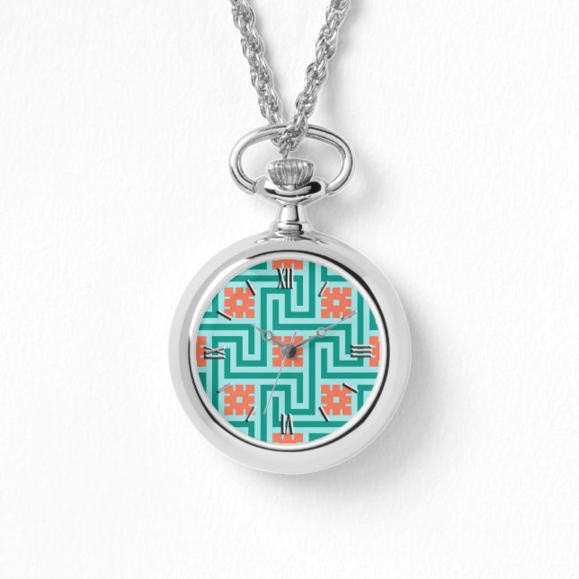 Deco Greek Key, Turquoise, Aqua and Coral Watch (Front)