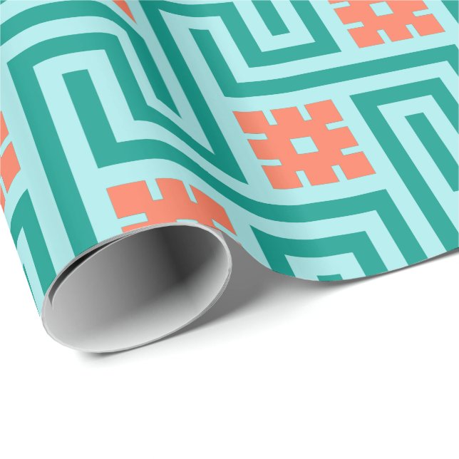 Deco Greek Key, Turquoise, Aqua and Coral Wrapping Paper (Roll Corner)