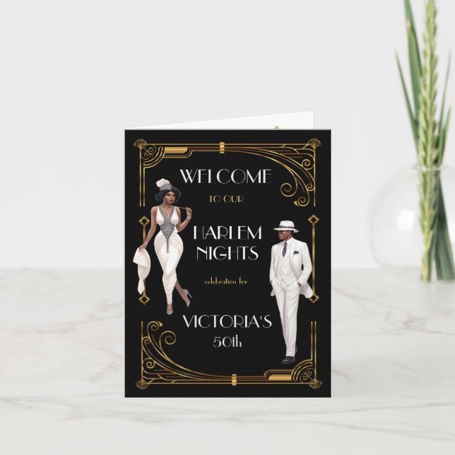Deco Harlem Nights Flapper and Gentleman Welcome Thank You Card (Front)