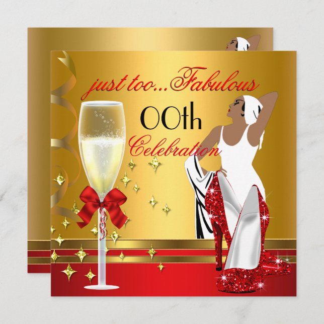 Deco Lady Red Gold Too Fabulous Birthday Party Invitation (Front/Back)
