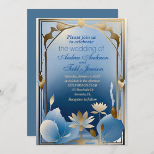 Deco minimalism blue gold lotus flower wedding invitation