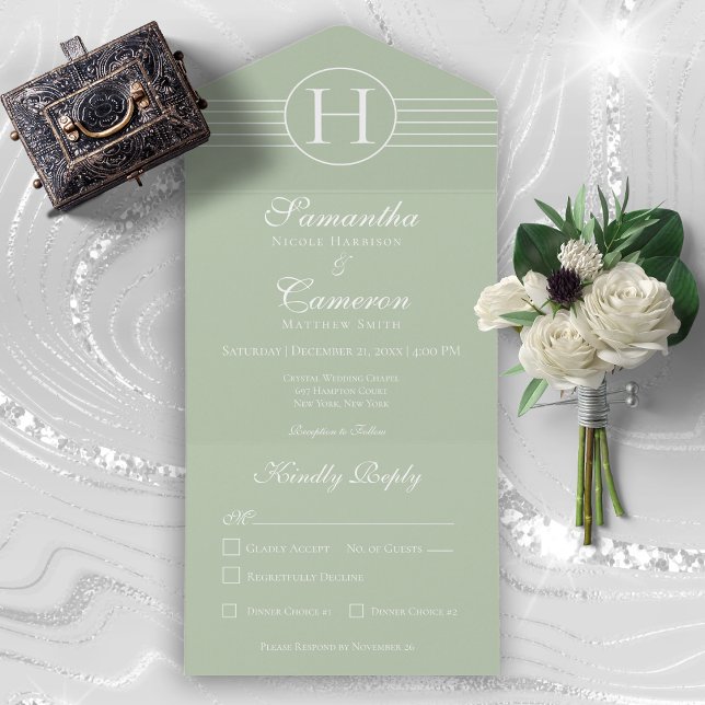Deco Modern Monogram Sage Green Dinner All In One Invitation (Creator Uploaded)