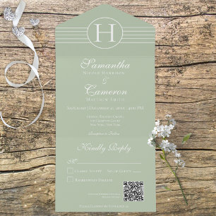 Deco Monogram Modern Sage Green QR Code All In One Invitation