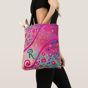 DECo MONogram Pink Fuchsia Blue Green Dots Squares Tote Bag