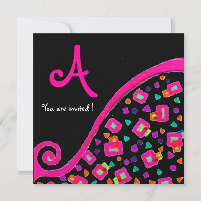 DECO MONOGRAM,Pink Violet Fuchsia Black Invitation (Front)
