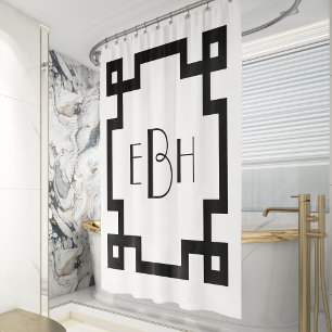 Deco Monogram White Black Greek Key Border Shower Curtain