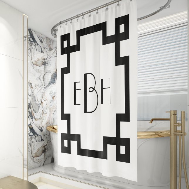 Deco Monogram White Black Greek Key Border Shower Curtain (Creator Uploaded)