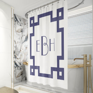 Deco Monogram White Navy Blue Greek Key Border Shower Curtain