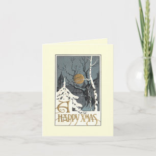 Deco Snowy Scene Moon Birch Tree Greeting Card