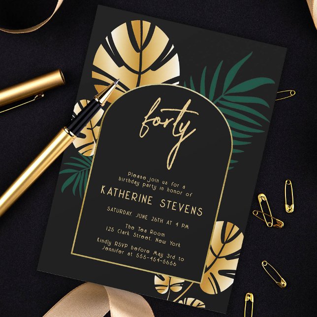 Deco Tropical Jungle Gold Boho Frame 40th Birthday Invitation (deco jungle gold 40th birthday invitation diy card template women gatsby roaring 20s tropical leaves)