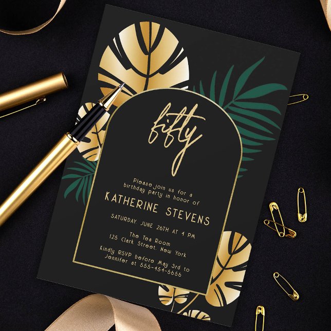 Deco Tropical Jungle Gold Boho Frame 50th Birthday Invitation (gold deco tropical jungle 50th birthday invitation card diy gatsby roaring 20s black boho arch chic)
