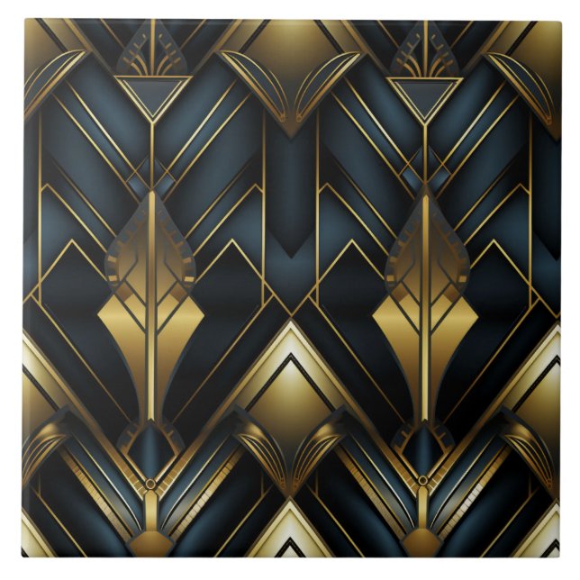 Deco Vintage Pattern, Gold Navy and Black Tile (Front)