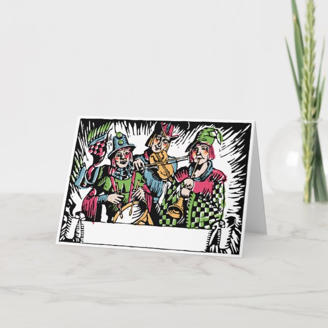Deco Woodcut Street Musician Carolers Holiday Card (Front)