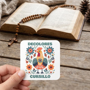 DeColores Cursillo Rooster Floral Folk Art Teal Square Sticker