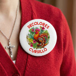 DeColores Cursillo Rooster Monstera Leaves Flowers 10 Cm Round Badge<br><div class="desc">Celebrate the joyful message of DeColores with this richly detailed Cursillo rooster button pin . Featuring a bold, colorful rooster framed by flourishing leaves and flowers, this artwork represents spiritual awakening, renewal, and the beauty of Christian fellowship. Rooted in the traditions of the Cursillo Movement, the rooster serves as a...</div>