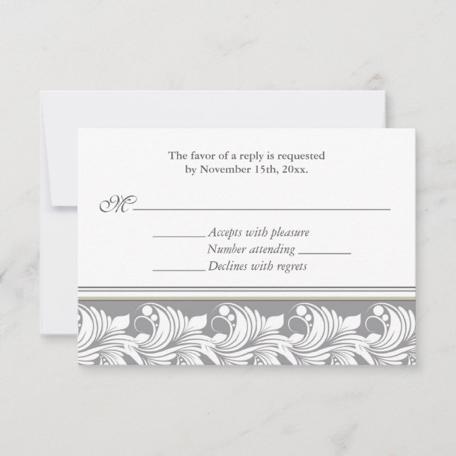 Decor Flourish Grey & Beige Wedding Reply Cards (Front)