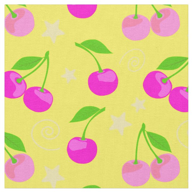 Decora Kei Cute Cherries and Stars Pattern Yellow Fabric (Close Up)