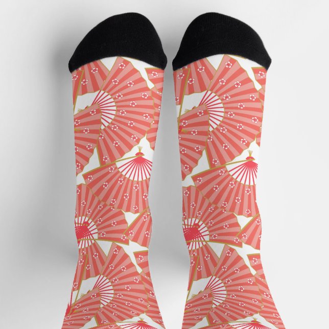 Decora Pink Japanese Geisha Fans Pattern Socks (Top)