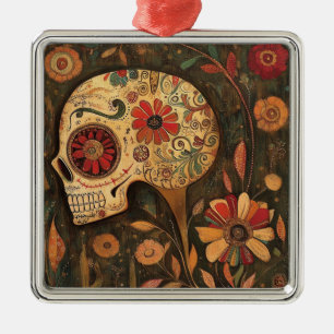 Decorated Autumn Day Of The Dead Skull Metal Tree Decoration