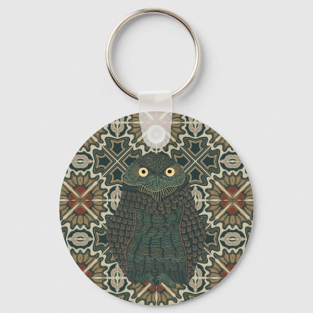 Decorated Burrowing Owl Golden Brown Earth Tones Key Ring (Front)
