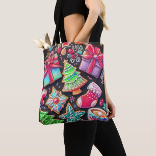 Decorated Christmas Cookies Pattern Chalk Drawing Tote Bag
